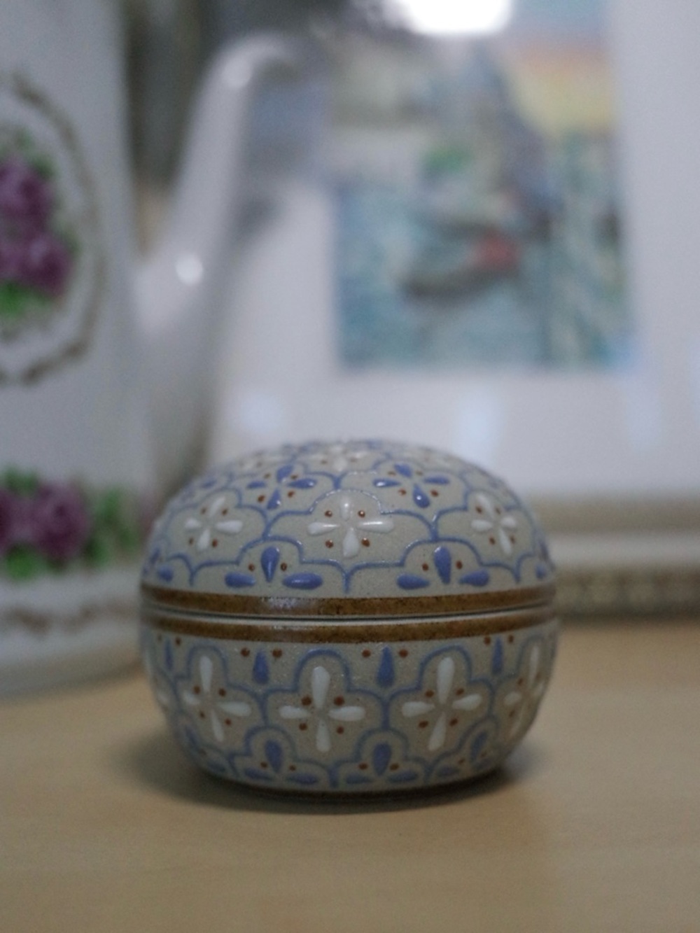 Decorative Ceramic Trinket Box in Light Blue and Cream
